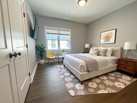 Bedroom, Interior, Recessed Lighting, Wood Texture Flooring