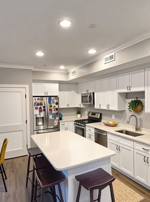 Interior, Kitchen, Recessed Lighting, Stainless Steel Appliances, Wood Texture Flooring