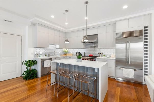Interior, Kitchen, Pendant Lights, Recessed Lighting, Stainless Steel Appliances, Wood Texture Flooring