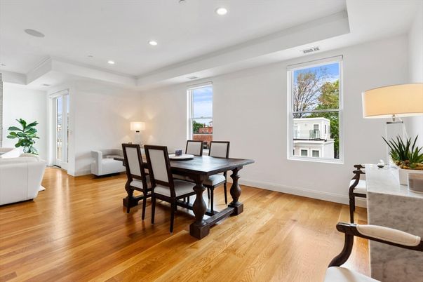 Dining room, Interior, Recessed Lighting, Wood Texture Flooring