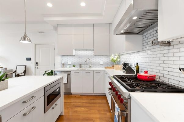 Interior, Kitchen, Pendant Lights, Recessed Lighting, Stainless Steel Appliances, Wood Texture Flooring