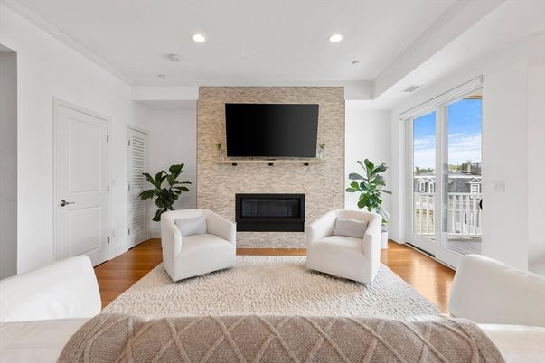 Fireplace, Interior, Recessed Lighting, Wood Texture Flooring