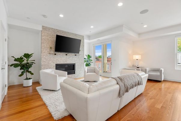 Fireplace, Interior, Living room, Recessed Lighting, Wood Texture Flooring