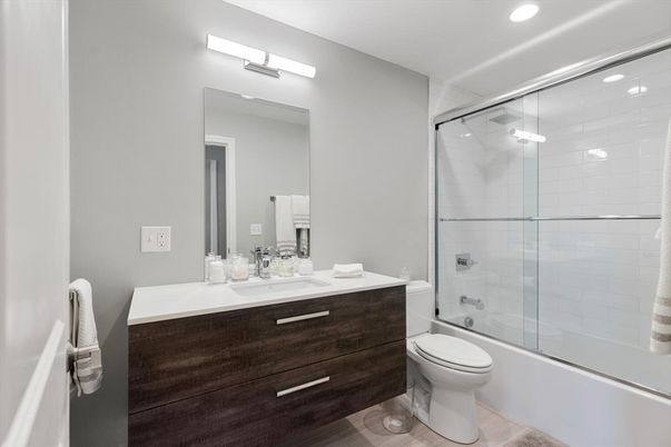 Bathroom, Glass Shower, Interior, Recessed Lighting, Wood Texture Flooring