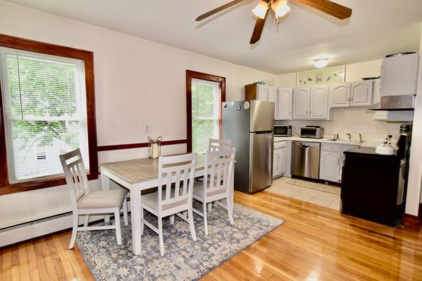 Dining room, Interior, Kitchen, Stainless Steel Appliances, Wood Texture Flooring