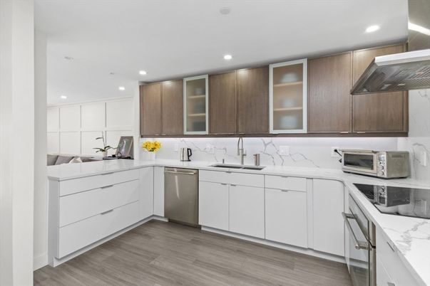 Interior, Kitchen, Recessed Lighting, Stainless Steel Appliances, Wood Texture Flooring