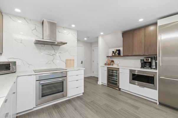 Interior, Kitchen, Recessed Lighting, Stainless Steel Appliances, Wood Texture Flooring