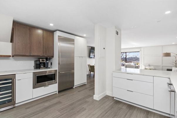 Interior, Kitchen, Recessed Lighting, Stainless Steel Appliances, Wood Texture Flooring