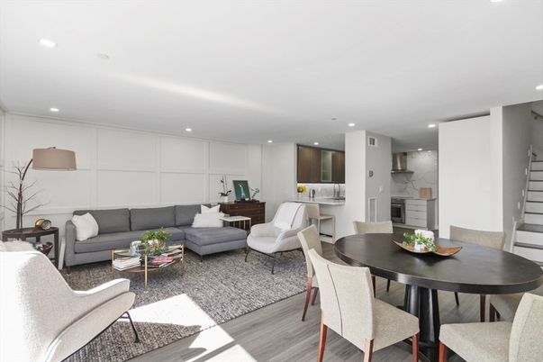 Dining room, Fitness Equipment, Interior, Living room, Recessed Lighting, Wood Texture Flooring