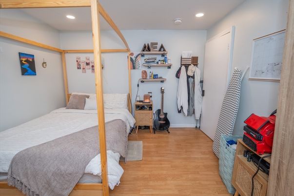 Bedroom, Interior, Recessed Lighting, Wood Texture Flooring