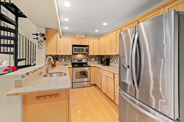 Interior, Kitchen, Recessed Lighting, Stainless Steel Appliances, Wood Texture Flooring