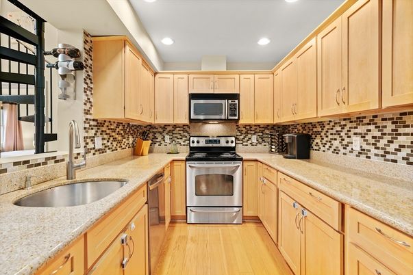 Interior, Kitchen, Recessed Lighting, Stainless Steel Appliances, Wood Texture Flooring