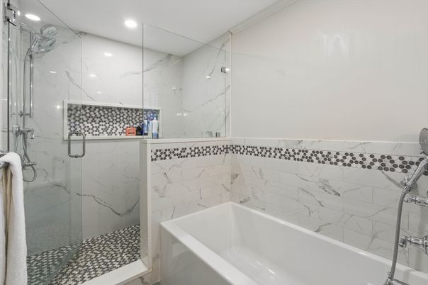 Bathroom, Glass Shower, Interior, Marble Walls, Recessed Lighting