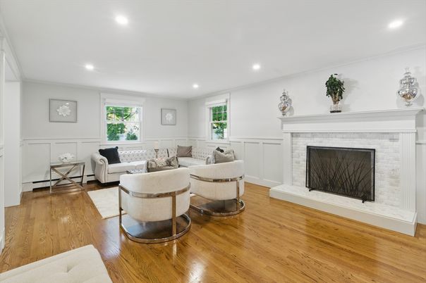 Fireplace, Interior, Living room, Recessed Lighting, Wood Texture Flooring