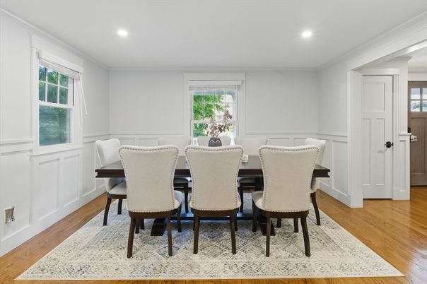 Dining room, Interior, Recessed Lighting, Wood Texture Flooring