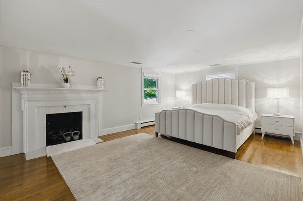 Bedroom, Fireplace, Interior, Wood Texture Flooring