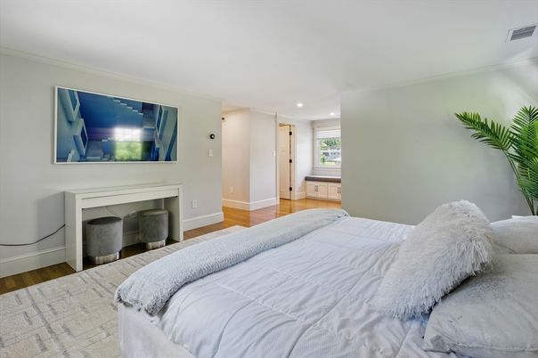 Bedroom, Interior, Recessed Lighting, Wood Texture Flooring