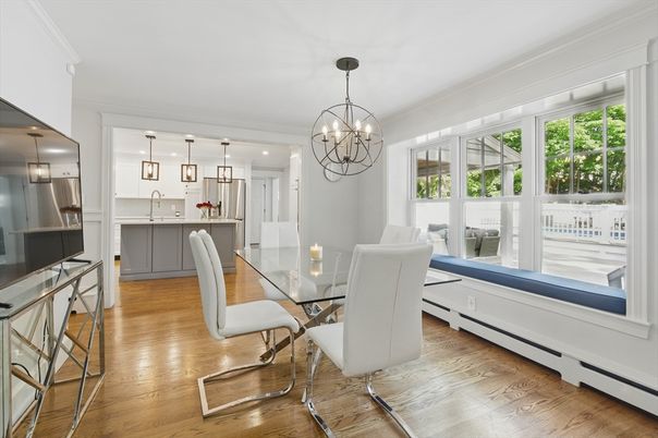 Chandelier, Dining room, Interior, Kitchen, Pendant Lights, Stainless Steel Appliances, Wood Texture Flooring