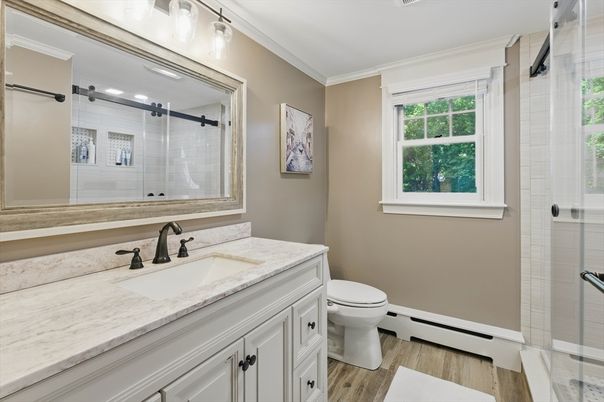 Bathroom, Glass Shower, Interior, Wood Texture Flooring