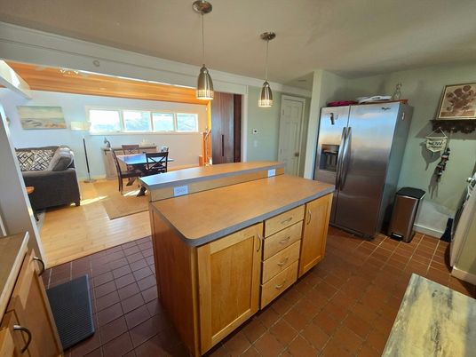 Dining room, Interior, Kitchen, Pendant Lights, Stainless Steel Appliances, Wood Texture Flooring