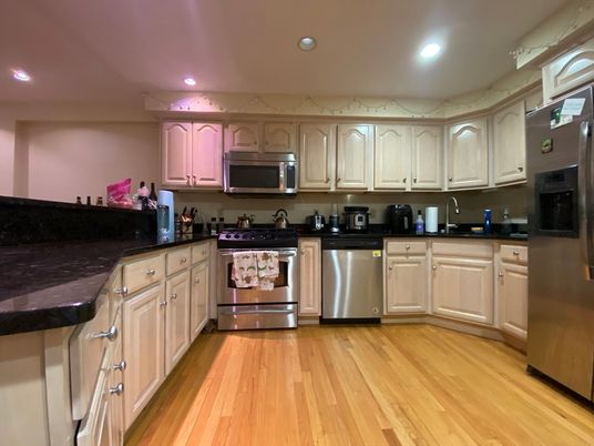 Interior, Kitchen, Recessed Lighting, Stainless Steel Appliances, Wood Texture Flooring