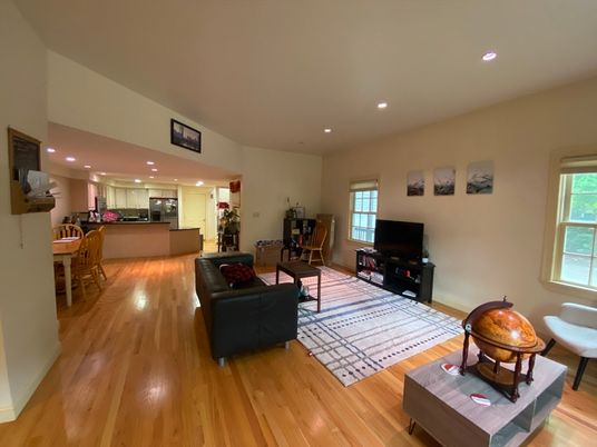 Dining room, Interior, Kitchen, Living room, Recessed Lighting, Wood Texture Flooring
