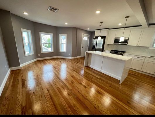 Interior, Kitchen, Pendant Lights, Recessed Lighting, Stainless Steel Appliances, Wood Texture Flooring