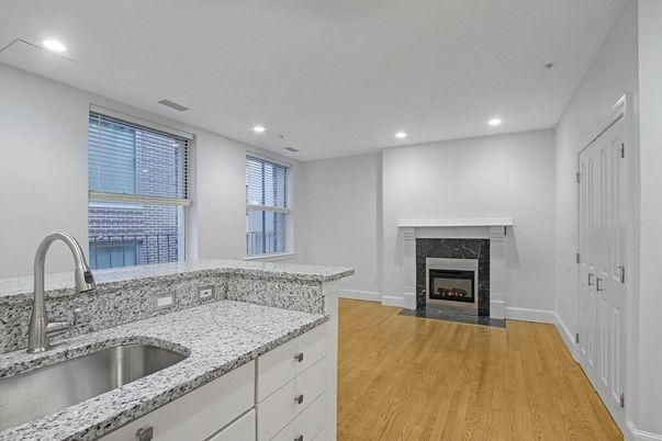 Fireplace, Interior, Recessed Lighting, Wood Texture Flooring