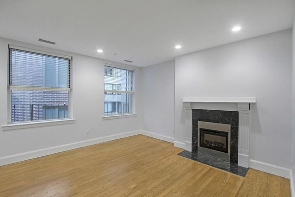 Empty room, Fireplace, Interior, Recessed Lighting, Wood Texture Flooring