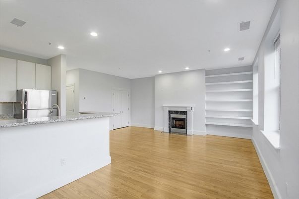 Fireplace, Interior, Kitchen, Recessed Lighting, Wood Texture Flooring