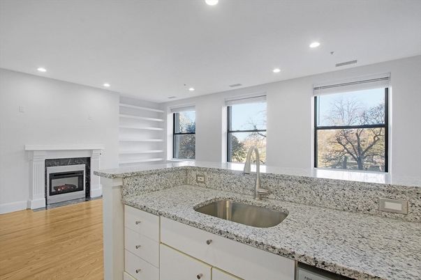 Fireplace, Interior, Recessed Lighting, Wood Texture Flooring