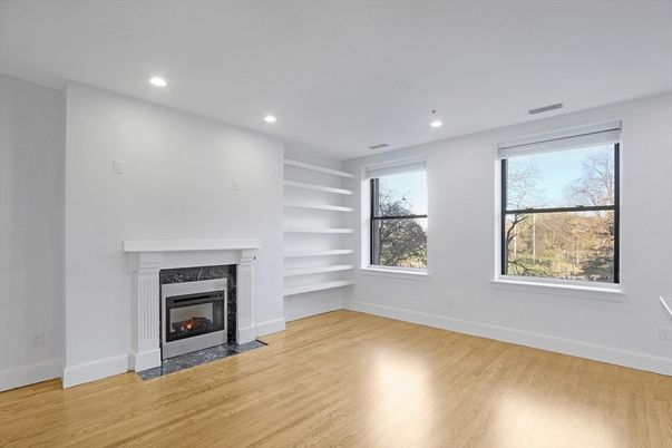 Empty room, Fireplace, Interior, Recessed Lighting, Wood Texture Flooring