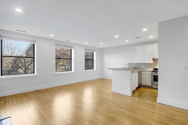 Empty room, Interior, Kitchen, Recessed Lighting, Wood Texture Flooring