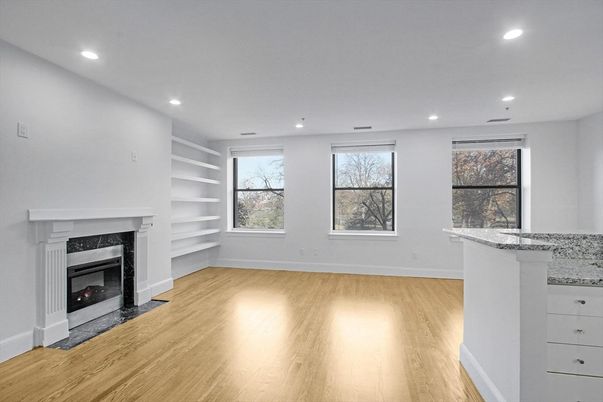 Empty room, Fireplace, Interior, Recessed Lighting, Wood Texture Flooring