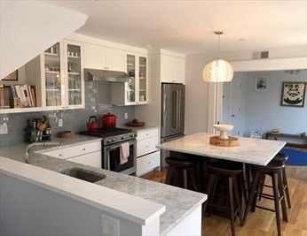 Dining room, Interior, Kitchen, Pendant Lights, Stainless Steel Appliances, Wood Texture Flooring