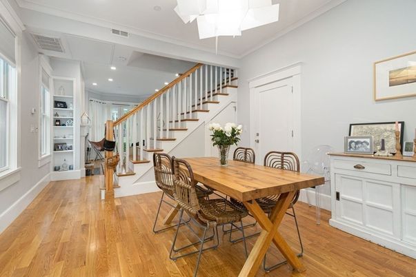 Dining room, Interior, Recessed Lighting, Wood Texture Flooring