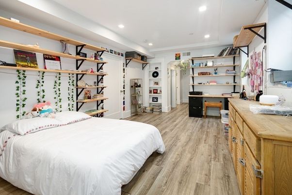 Bedroom, Interior, Recessed Lighting, Wood Texture Flooring