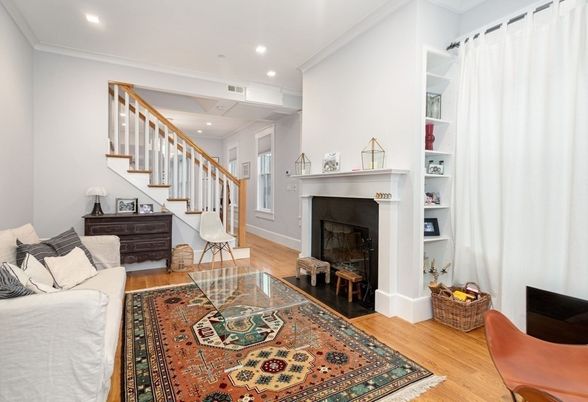 Fireplace, Interior, Living room, Recessed Lighting, Wood Texture Flooring