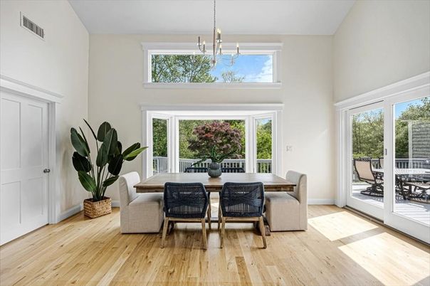 Dining room, Interior, Pendant Lights, Wood Texture Flooring