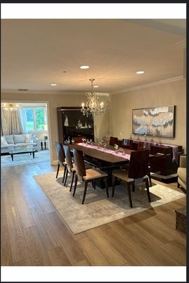 Chandelier, Dining room, Interior, Living room, Recessed Lighting, Wood Texture Flooring