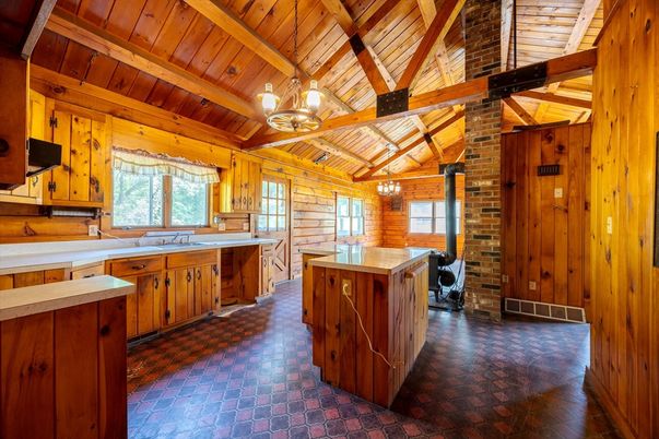 Chandelier, Interior, Kitchen, Pendant Lights, Stone Walls, Wooden Beams, Wooden Ceilings, Wooden Walls