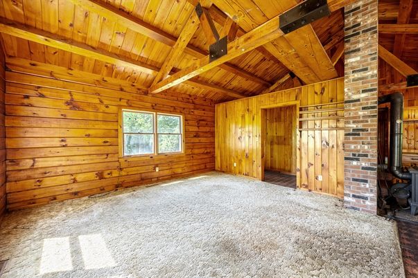 Empty room, Fireplace, Interior, Stone Walls, Wooden Beams, Wooden Ceilings, Wood Texture Flooring, Wooden Walls