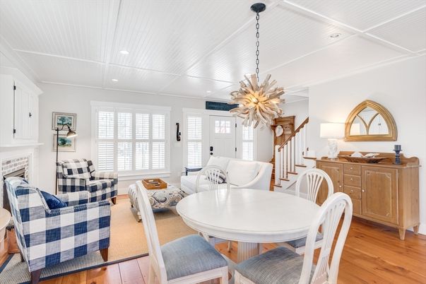 Dining room, Fireplace, Interior, Living room, Pendant Lights, Recessed Lighting, Wood Texture Flooring