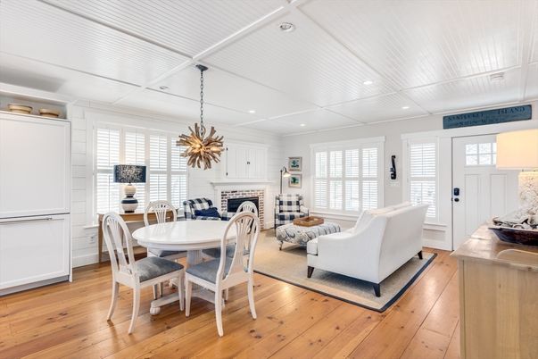 Dining room, Fireplace, Interior, Living room, Pendant Lights, Recessed Lighting, Wood Texture Flooring