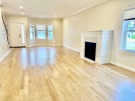 Empty room, Fireplace, Interior, Recessed Lighting, Wood Texture Flooring