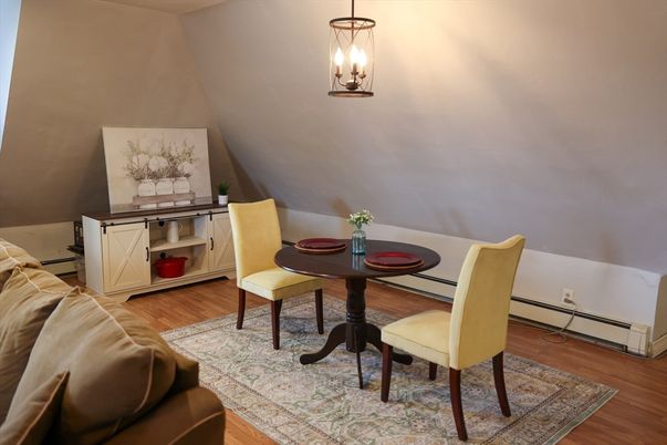 Dining room, Interior, Pendant Lights, Wood Texture Flooring