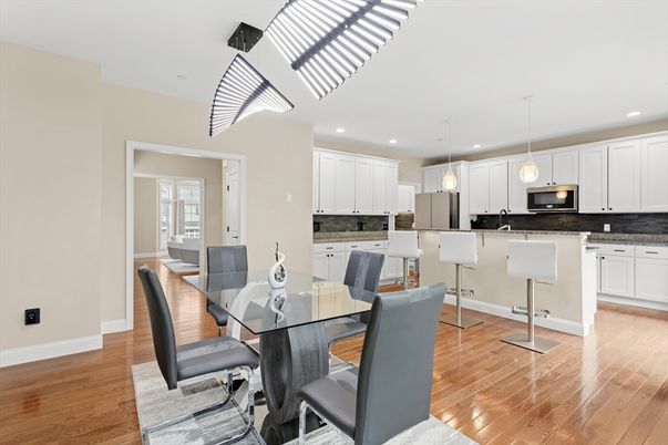 Dining room, Interior, Kitchen, Pendant Lights, Recessed Lighting, Wood Texture Flooring