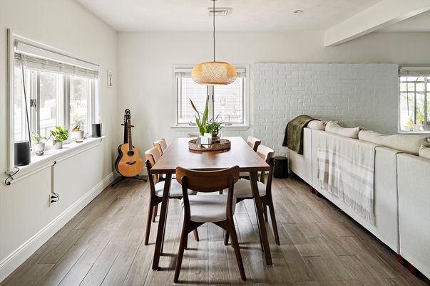 Dining room, Interior, Pendant Lights, Wood Texture Flooring