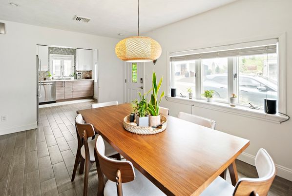 Dining room, Interior, Pendant Lights, Wood Texture Flooring