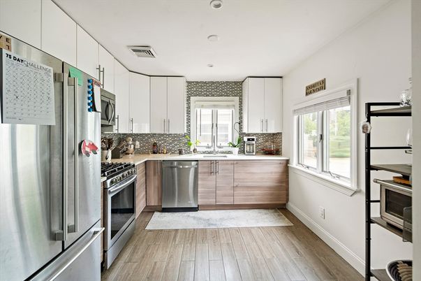 Interior, Kitchen, Recessed Lighting, Stainless Steel Appliances, Wood Texture Flooring